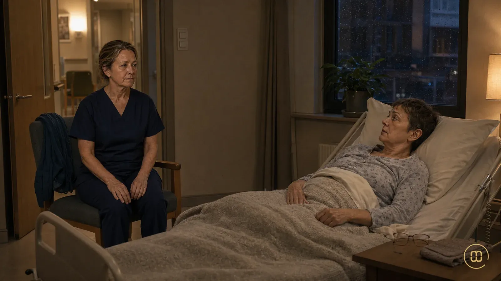 A nurse sits beside a patient in a dim hospital room at night.
