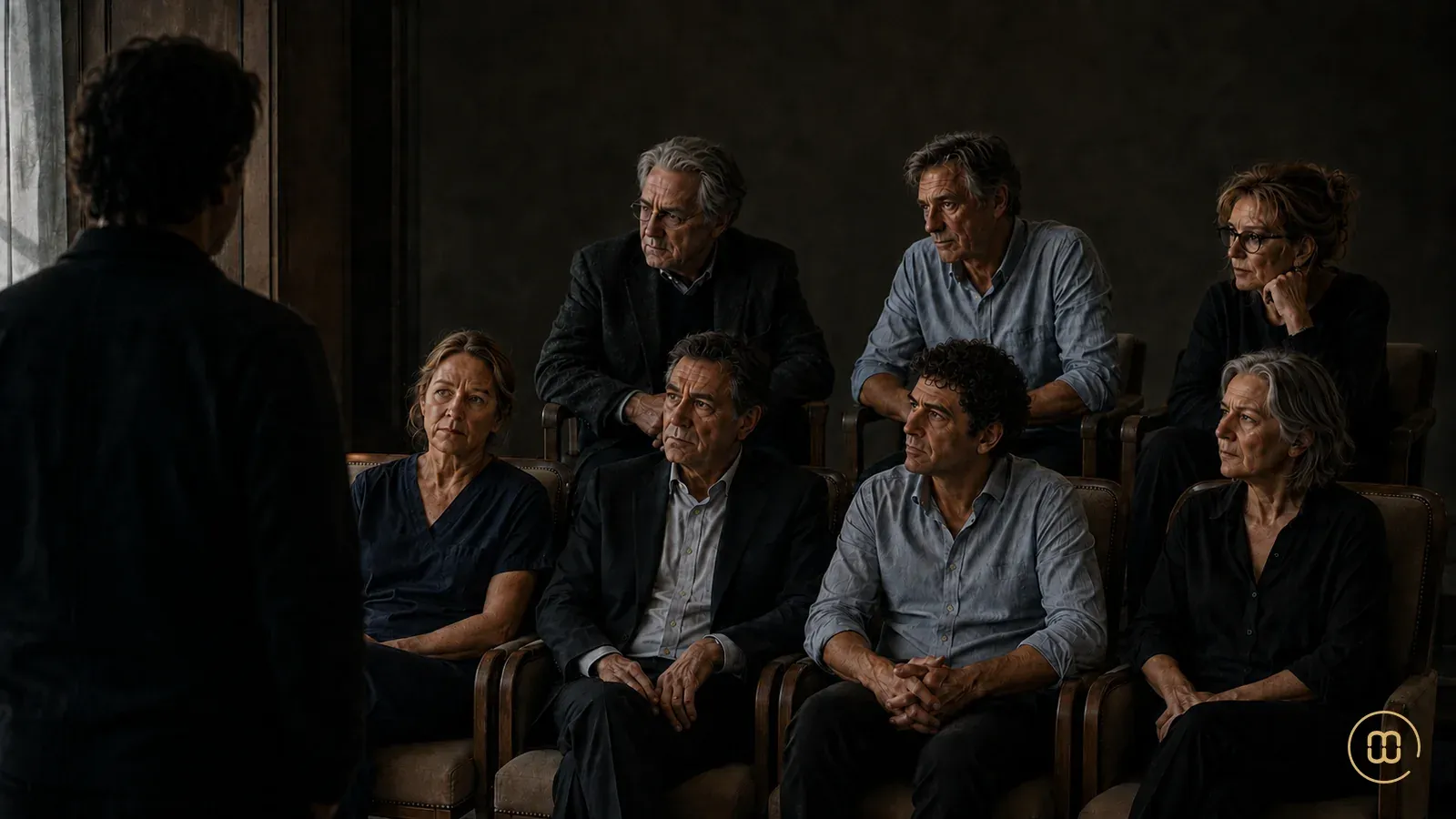 Seven people looking towards a dark figure seen from behind.