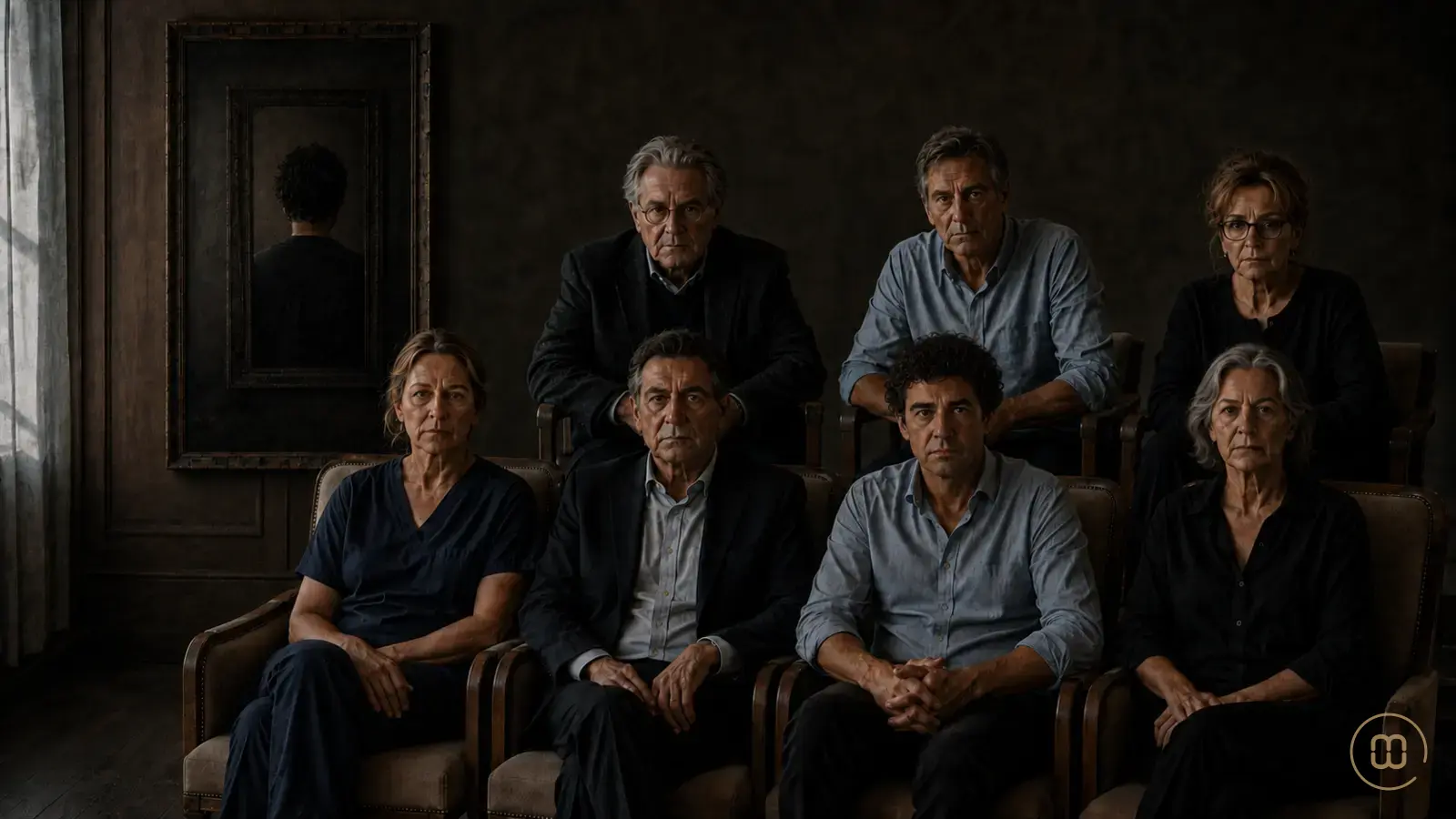 Seven people looking directly at the viewer beside a framed image of an absent figure.